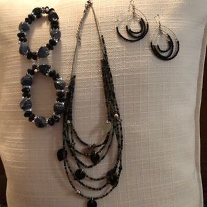 Necklace, 2 bracelets, & earrings